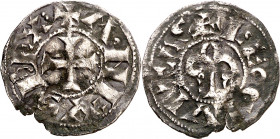 Alfonso VII (1126-1157). León. Dinero. (M.M. A7:27.3, mismo ejemplar) (Imperatrix A7:27.3, mismo ejemplar) (AB. 55). Grieta. Muy rara. 0,96 g. MBC-.