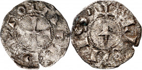 Alfonso VII (1126-1157). León. Dinero. (Imperatrix A7:50.6 (50), mismo ejemplar) (AB. 97.1). Grieta. Concreciones. Muy rara. 0,80 g. MBC-.