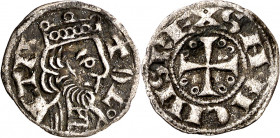 Sancho III (1157-1158). Osma. Meaja. (M.M. S3:2.3) (Imperatrix S3:2.3, mismo ejemplar) (AB. 151 var). Rarísima, sólo otra conocida. 0,44 g. MBC.
