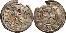 Fernando II (1157-1188). León. Dinero. (M.M. F2:1.1) (Imperatrix F2:1.2, mismo ejemplar) (AB. falta). Cospel ligeramente faltado. Rarísima. 0,91 g. (M...