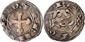 Fernando II (1157-1188). León. Dinero. (M.M. F2:4.3, mismo ejemplar) (Imperatrix F2:4.3, mismo ejemplar) (AB. falta). Atractiva. Única conocida. 0,62 ...
