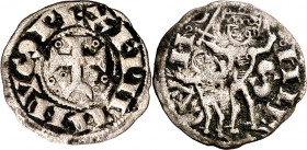 Fernando II (1157-1188). Soria. Meaja. (Imperatrix F2:12.3, mismo ejemplar) (AB. falta). Incrustaciones. Rarísima. 0,46 g. (MBC).