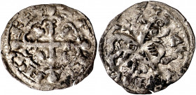 Alfonso IX (1188-1230). Auria (Orense) o Astorga. Dinero. (M.M. A9:5.1) (Imperatrix A9:5.1, mismo ejemplar) (AB. 122) (Orol. 12). Pequeñas adherencias...