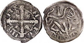 Alfonso IX (1188-1230). ¿Zamora?. Meaja. (M.M. A9:6.1) (Imperatrix A9:6.1, mismo ejemplar) (AB. falta). Muy rara. 0,45 g. MBC-/MBC.