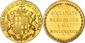 1833. Isabel II. Barcelona. Medalla de Proclamación. (Ha. 5 var metal) (Boada 52b, como inédita) (O'Connor pág. 225) (RAH. 548 var metal) (Ruiz Traper...