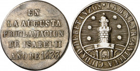 1833. Isabel II. Betanzos. Medalla de Proclamación. (Ha. 7) (O'Connor pág. 226) (Ruiz Trapero 581) (V. 740) (V.Q. 13357). Ex Colección Jordana de Poza...