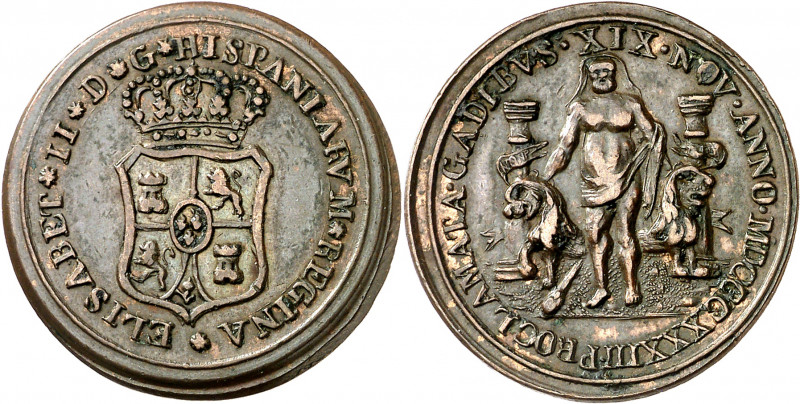 1833. Isabel II. Cádiz. Medalla de Proclamación. (Ha. 8 var metal) (O'Connor pág...