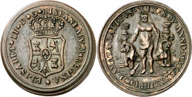 1833. Isabel II. Cádiz. Medalla de Proclamación. (Ha. 8 var metal) (O'Connor pág. 227) (Ruiz Trapero 581) (V. 742) (V.Q. 13358 var metal). Bronce. 5,5...