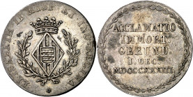 1833. Isabel II. Girona. Medalla de Proclamación. (Ha. 11) (Boada 55) (Ruiz Trapero 584) (V. 743) (V.Q. 13361). Grabador: J. Masferrer. Golpecito en c...