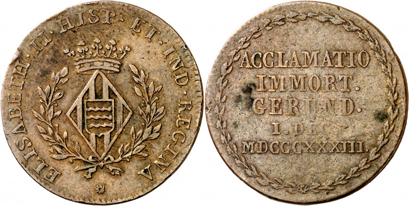 1833. Isabel II. Girona. Medalla de Proclamación. (Ha. 11 var metal) (Boada 55a)...