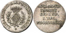 1833. Isabel II. Girona. Medalla de Proclamación. (Ha. 12) (Boada 56) (Ruiz Trapero 585) (V. 744) (V.Q. 13362). Grabador: J. Masferrer. Plata. 2,74 g....