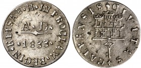 1833. Isabel II. San Roque. Medalla de Proclamación. (Ha. 29) (Ruiz Trapero 596) (V. 756) (V.Q. 13379). Rara. Plata fundida. 9,27 g. Ø30 mm. (EBC).