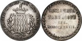 1833. Isabel II. Tarragona. Medalla de Proclamación. (Ha. 32) (Boada 62) (RAH. 563-564) (Ruiz Trapero 600) (V. 760 var ley) (V.Q. 13382 var ley). Grab...