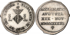 1833. Isabel II. Valencia. Medalla de Proclamación. (Ha. 35) (Ruiz Trapero 602) (V. 762) (V.Q. 13385). Cospel mal cortado. Bella. Ex Áureo 22/09/1999,...