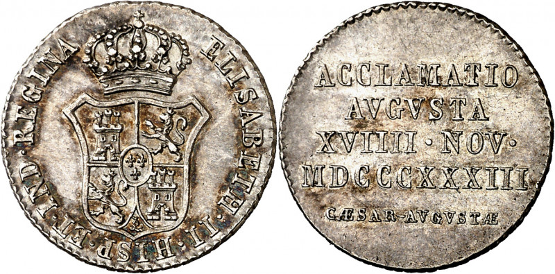 1833. Isabel II. Zaragoza. Medalla de Proclamación. (Ha. 37) (Ruiz Trapero 604) ...