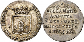 1834. Isabel II. Bejucal. Medalla de Proclamación. (Ha. 40) (Medina 411) (V. falta) (V.Q. 13388). Ex Colección Jordana de Pozas. Muy rara. No hemos te...