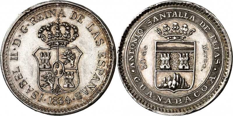 1834. Isabel II. Guanabacoa. Medalla de Proclamación. (Ha. 42) (Medina 413) (Rui...