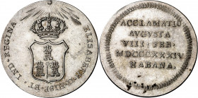 1834. Isabel II. La Habana. Medalla de Proclamación. (Ha. 45) (Medina 415) (RAH. 566) (Ruiz Trapero 611) (V. 766) (V.Q. 13391). Leves rayitas. Parte d...