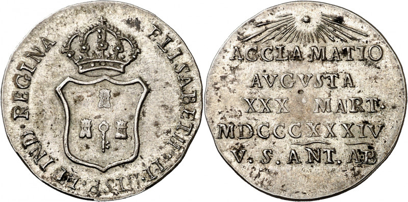 1834. Isabel II. San Antonio Abad. Medalla de Proclamación. (Ha. 51) (Medina 421...