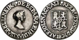 1834. Isabel II. Trinidad. Medalla de Proclamación. (Ha. 57) (Medina 427) (V. falta) (V.Q. 1405 var metal). Perforación. Escasa. Plata fundida. 14,46 ...