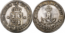1834. Isabel II. Manila. Medalla de Proclamación. (Ha. 62) (Ruiz Trapero 617) (V. 772) (V.Q. 13408). Bella. Parte de brillo original. Rara. Plata. 4,9...