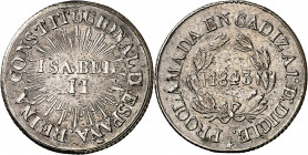 1843. Isabel II. Cádiz. Mayoría de edad. Medalla de Proclamación. (Ha. 4) (Ruiz Trapero 628) (V. 780) (V.Q. 13412). Golpecitos. Plata. 7,36 g. Ø24 mm....
