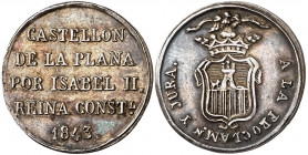 1843. Isabel II. Castellón de la Plana. Mayoría de edad. Medalla de Proclamación. (Ha. 5) (Boada 66) (V. falta) (V.Q. 13414). Mínima rayita. Atractiva...