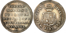 1843. Isabel II. Palma de Mallorca. Mayoría de edad. Medalla de Proclamación. (Ha. 11) (Boada 67) (Ruiz Trapero 637) (V. 789) (V.Q. 13419). Grabador: ...