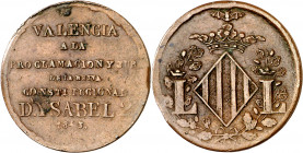 1843. Isabel II. Valencia. Mayoría de edad. Medalla de Proclamación. (Ha. 20 var metal) (Boada 70a) (Ruiz Trapero 648 var metal) (V. 796 var metal) (V...