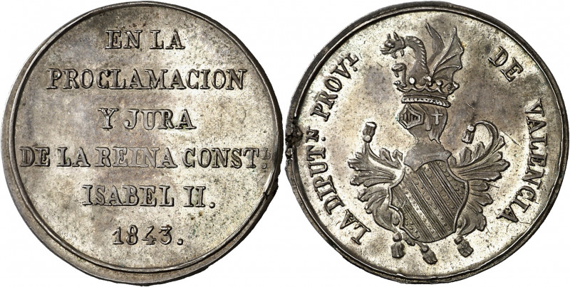1843. Isabel II. Valencia. La Diputación Provincial. Mayoría de edad. Medalla de...