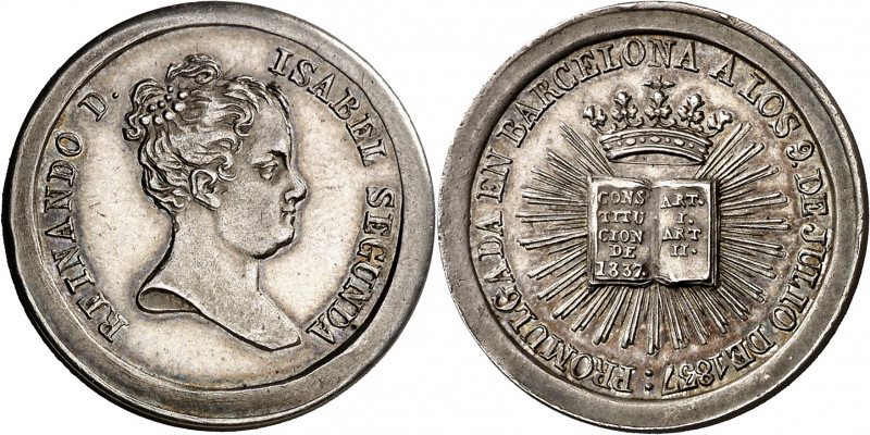 1837. Isabel II. Barcelona. Proclamación de la Constitución. Medalla. (Cru.Medal...