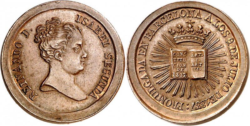 1837. Isabel II. Barcelona. Proclamación de la Constitución. Medalla. (Cru.Medal...