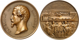 Francia. 1855. II Imperio. Napoleón III. Inauguración del Ferrocarril. Medalla. Grabadores: A. Bovy y E. A. Oudine. En canto: mano indicativa - CUIVRE...