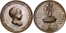 Francia. 1856. II Imperio. Napoleón III. Nacimiento del príncipe Imperial. Medalla. Grabador: J. P. Montagny. En canto: mano indicativa - CUIVRE (reac...