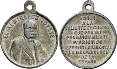 s/d (1868). Al Almirante Topete. Medalla. Metal blanco. 3,13 g. Ø23 mm con anilla solidaria de 4 mm. MBC+.