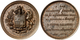 1870. Barcelona. A Víctor Balaguer. Medalla. (Cru.Medalles 625) (RAH. 669). Bronce. 52,67 g. Ø60 mm. Campo de anverso y reverso adornado con filigrana...