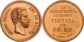 1872. Amadeo I. Madrid. Visita de Amadeo I a la Casa de la Moneda. Medalla. Grabador: L. Marchionni. Bella. Muy rara. Bronce. 13,71 g. Ø33 mm. S/C-.
