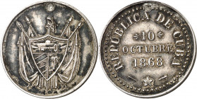 Cuba. 1868. Proclamación de la República. Medalla. Perforación reparada. Bonita pátina. Rara. Plata. 4,86 g. Ø23 mm. MBC+.