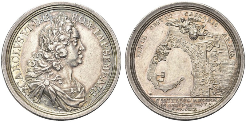 MESSINA. Carlo VI, 1711-1740. Medaglia 1719 opus G. W. Vestner e P. P. Werner. A...