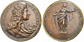 MILANO. Luigi XIV, Re di Francia, 1638-1715. Medaglia barocca opus G. Vismara. Æ gr. 173,58 mm 71,2 Dr. LVD MAGN FRAN ET NAV REX Busto a d. con folta ...