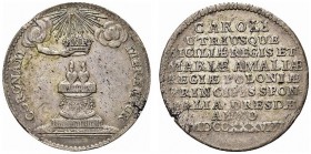 NAPOLI. Carlo di Borbone, 1734-1759. Carlino o medaglia 1738. Ar gr. 3,31 mm 23,8 Dr. CAROLI UTRIUSQUE SICILIÆ REGIS ET MARIÆ AMALIÆ REGIÆ POLONIÆ PRI...