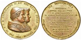 NAPOLI. Ferdinando II di Borbone, 1830-1859. Medaglia 1854. Æ dorata gr. 110,62 mm 59 Dr. PIO IX P O M FERDINANDO II RE DEL REGNO DELLE DUE SICILIE Bu...