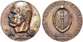 ROMA. Ventennio Fascista, dal 1923 al 1943. Medaglia 1933 a. XII per l’Opera Naz. Combattenti Sabaudia. Æ gr. 48,44 mm 46,2 Dr. Busto a s. Rv. OPERA N...