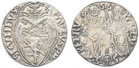 ANCONA. Paolo II (Pietro Barbo), 1464-1471. Terzo di grosso. Ar gr. 1,01 Dr. SECVNDVS PAVLVS PP Stemma semiovale in quadribolo. Rv. S PETRVS S PAVLVS ...