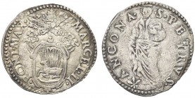 ANCONA. Marcello II (Marcello Cervini), 9 aprile – 1 maggio 1555. Giulio. Ar gr. 2,94 Dr. MARCEL II PONT MAX Stemma sormontato da triregno e chiavi de...
