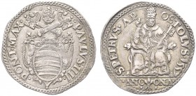 ANCONA. Paolo IV (Giampietro Carafa), 1555-1559. Testone 1557. Ar gr. 9,54 Dr. PAVLVS IIII PONT MAX Stemma sormontato da triregno e chiavi decussate c...
