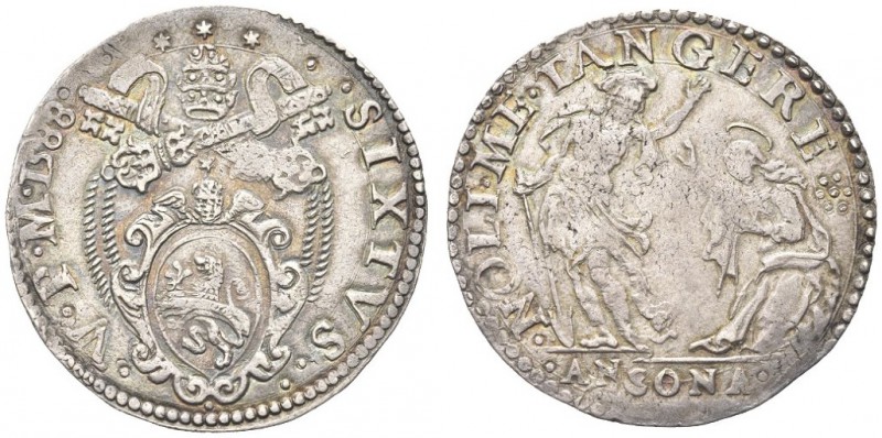 ANCONA. Sisto V (Felice Peretti), 1580-1590. Testone 1588. Ar gr. 9,53 Dr. SIXTV...