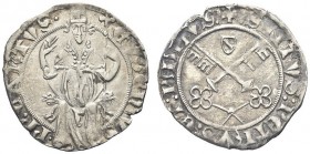AVIGNONE. Eugenio IV (Gabriele Condulmer), 1431-1447. Carlino. Ar gr. 2,03 Dr. EVGENIVS PP QVARTV II Pontefice, seduto in trono e frontale, solleva la...