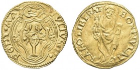 BOLOGNA. Giulio II (Giuliano della Rovere), 1503-1513. Ducato TIRANO LIBERAT. Au gr. 3,44 Dr. IVLIVS II PONT MAX Stemma decagono in quadribolo con chi...