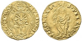 BOLOGNA. Giulio II (Giuliano della Rovere), 1503-1513. Ducato papale. Au gr. 3,41 Dr. IVLIVS II PONT MAX Stemma decagono in quadribolo con chiavi lega...